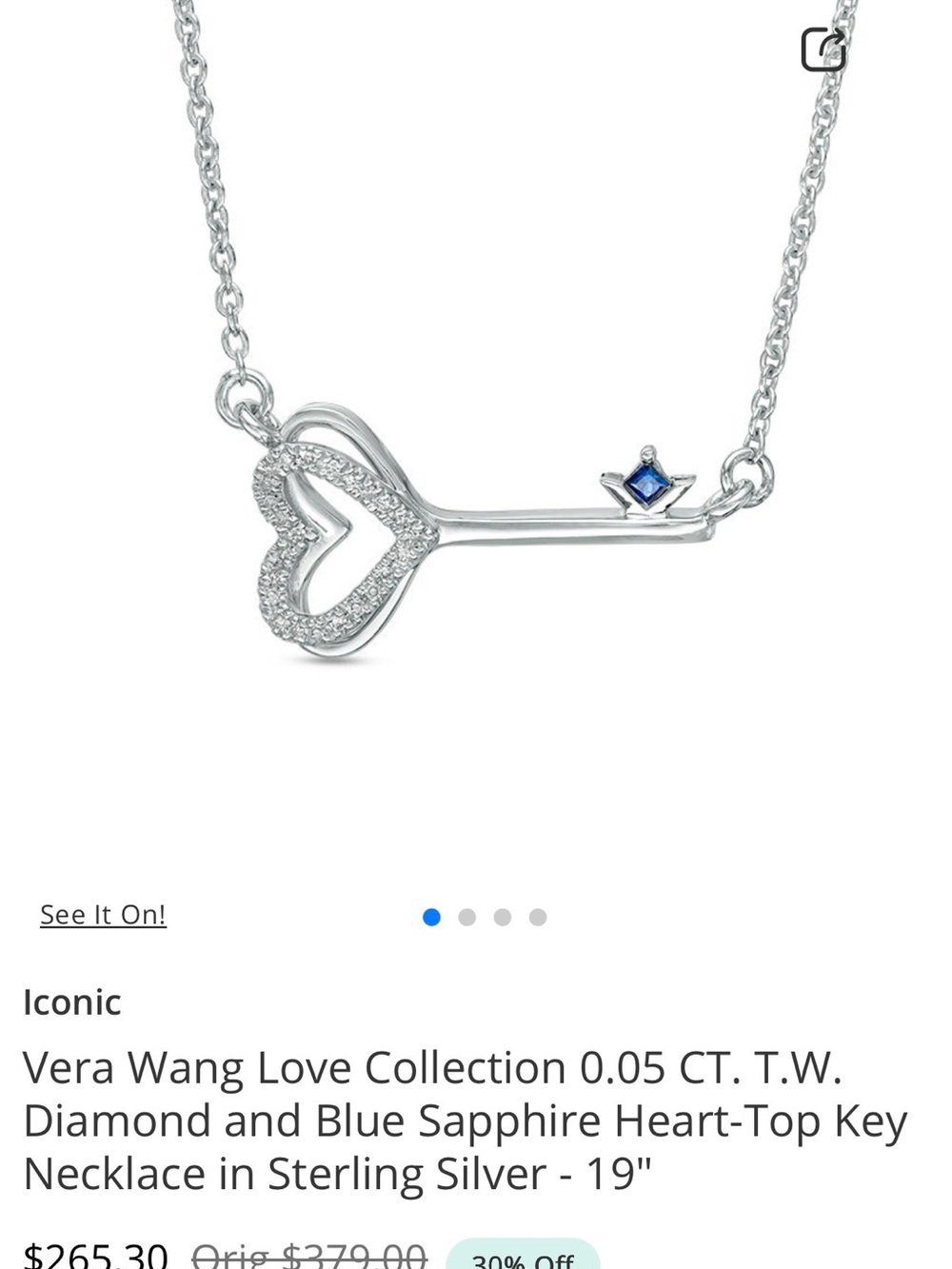 Vera Wang Sterling Silver Heart-Key Necklace with Blue Accent
